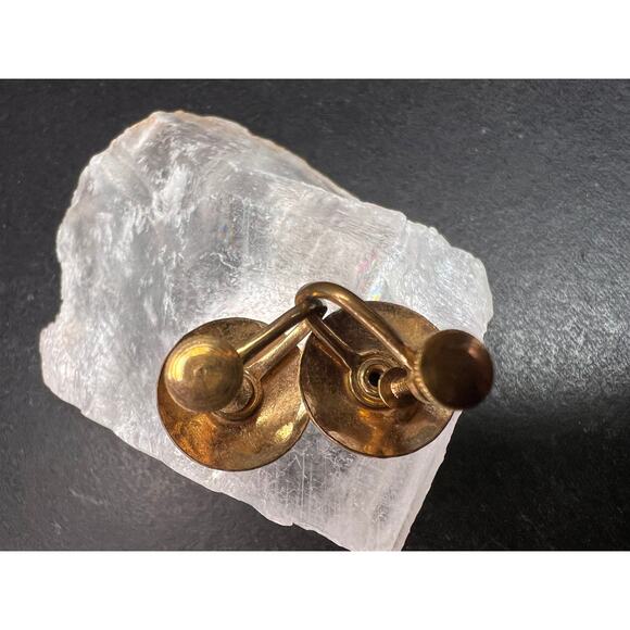 Vintage MCM Gold Tone Guilloche Enamel Pink Rose Screw Back Earrings - Picture 8 of 9